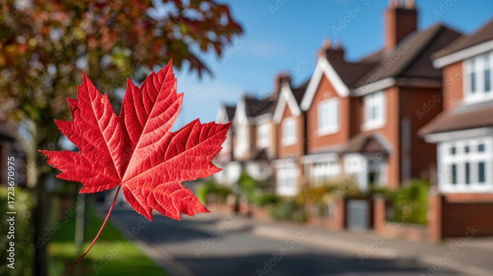 Obraz premium A prominent red maple leaf in the foreground, with a blurred suburban street of brick houses and a blue sky beyond.