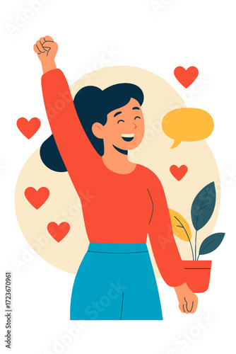 Illustration of a woman raising her hand triumphantly and smiling widely. Concept of achievement, happiness, and success in personal or professional endeavors.