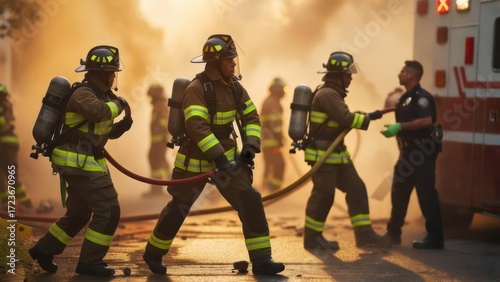 Slika na platnu Brave firefighters battling intense fire, working together to contain the blaze,
