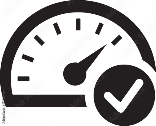 Silhouette vector of speedometer with checkmark symbol representing performance test.