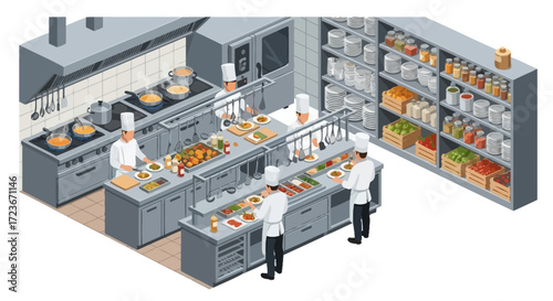Isometric view of a large commercial kitchen with chefs preparing food.