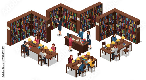 Isometric view of a busy library with people reading and librarians assisting.