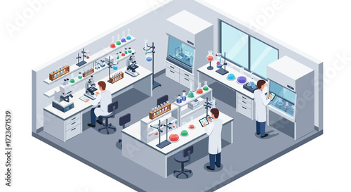 Isometric view of a modern scientific laboratory with scientists at work.