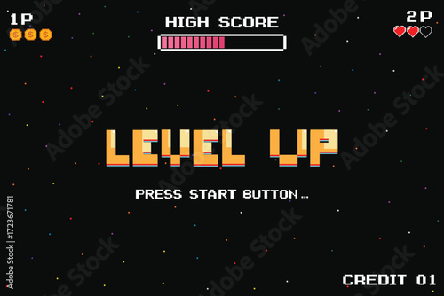 Level up icons, pixel art, 8-bit game, retro game, retro futuristic sci-fi background, glowing neon grid and stars from vintage arcade computer game.