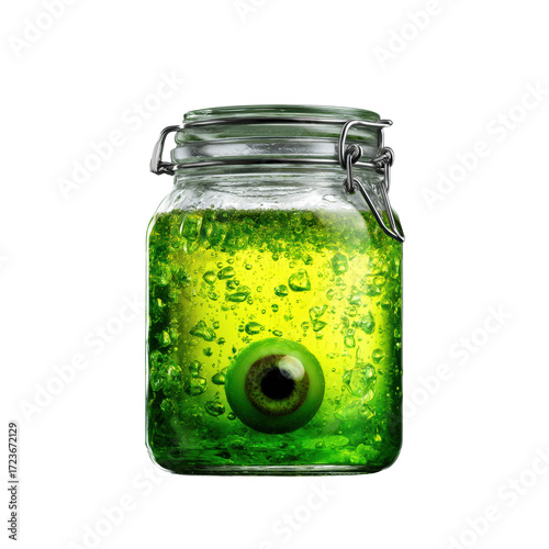 Creepy green jar with a human eye submerged in fluid on a transparent background, cut out