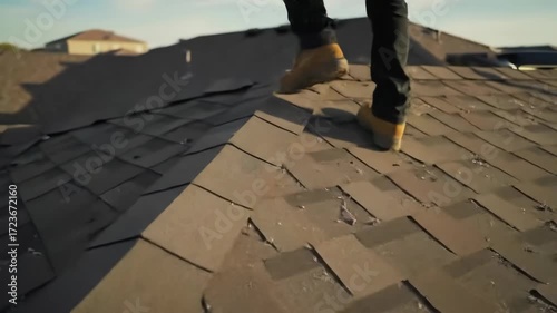 Rooftop repair worker's close-up view of damaged shingles, another worker visible