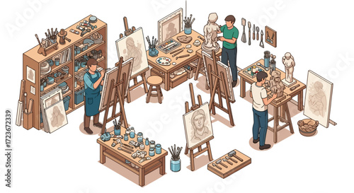 Isometric illustration of an art studio with artists at work.