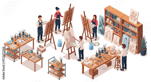 Isometric illustration of an art class in progress.