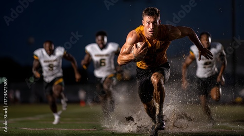 Under the Lights: Mud-Splashed Football Sprint