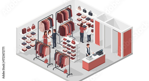 Isometric view of a clothing store interior with customers and staff.