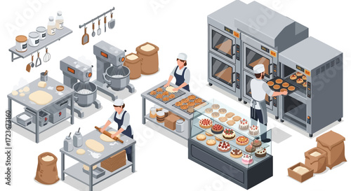Isometric view of a busy bakery with bakers preparing and baking goods.