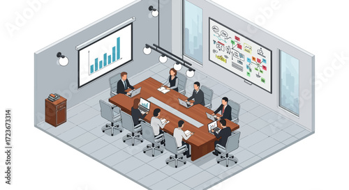 Isometric view of a modern boardroom meeting.