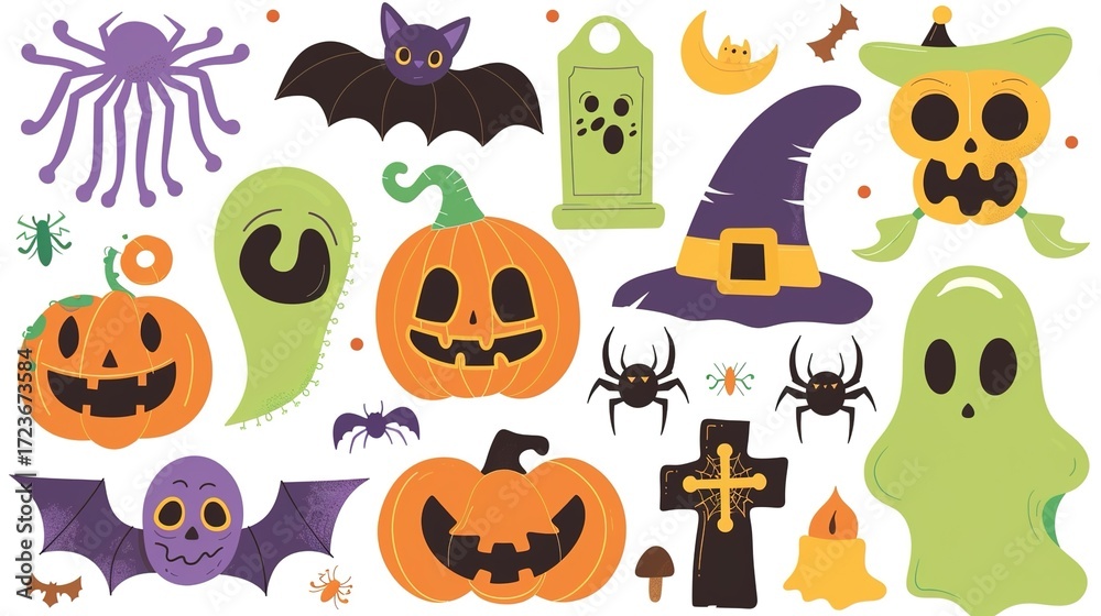 Fototapeta premium Cartoon-Style Halloween Elements Collection: Green Ghost, Witch Hat, Jack-o’-lanterns, Purple Bat, Cute Skull, Festive Flat Colors, White Background