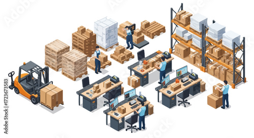 Isometric view of a busy warehouse with workers, forklifts, and packaged goods.
