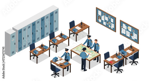 Isometric illustration of a police station interior with officers collaborating around a map.