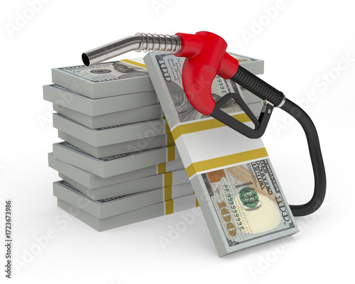 Fuel nozzle and money on white background. Isolated 3D illustration