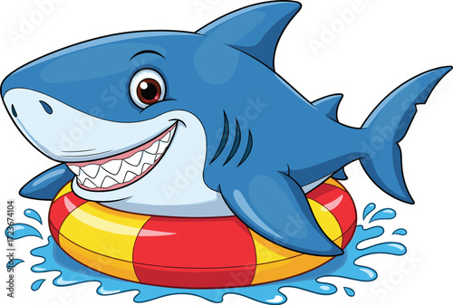 Smiling cartoon blue shark in inflatable swim ring, playful water splashes, fun summer aquatic character, cheerful marine animal, vector illustration for kids
