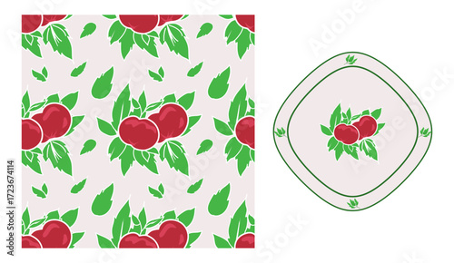 a designer set made of a seamless pattern with apples and leaves in vintage style and a plate decorated with elements of the same pattern. vector. isolated on white