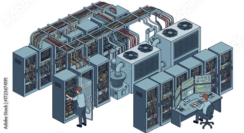 Isometric illustration of a large server room with technicians.