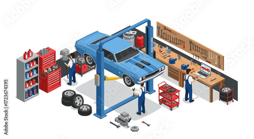 Isometric illustration of a car repair shop with mechanics working on a classic car.