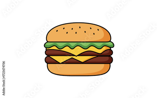 A cartoon illustration of a double cheeseburger with two beef patties, melted cheese, and green lettuce on a sesame seed bun.