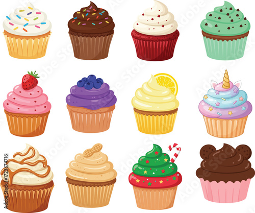 A vibrant collection of delicious cupcakes, each a unique treat adorned with frosting and toppings, perfect for celebrations and sweet cravings