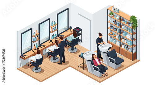 Isometric view of a modern hair salon with stylists and clients.