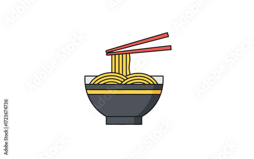 Illustration of a bowl of noodles with chopsticks on a white background.