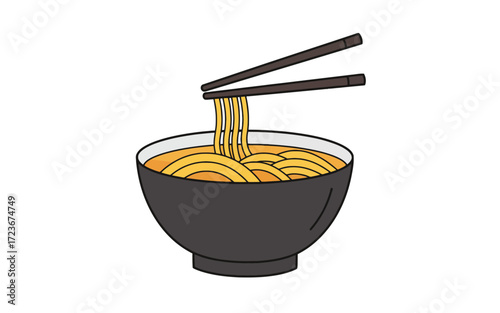 A bowl of ramen noodles with chopsticks ready to be eaten.