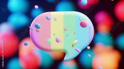 Abstract 3d animation of a rotating rainbow speech bubble icon with colorful particles on a blurred background
