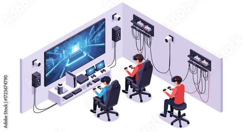 Three gamers playing immersive video game in a dedicated room with advanced technology setup.
