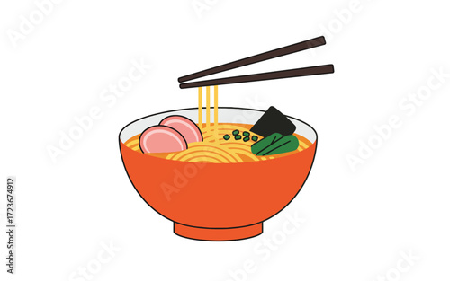 A bowl of ramen noodles with chopsticks, pork slices, seaweed, and green onions.