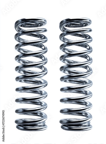 Two chrome-plated metal coils, vertically aligned, isolated on white