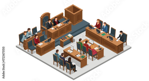 Isometric illustration of a courtroom scene with judge, jury, lawyers, and defendants.