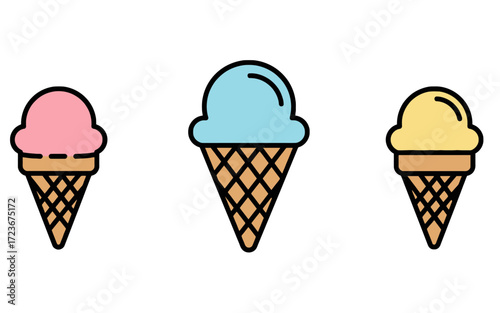 Three ice cream cones with different colored scoops.