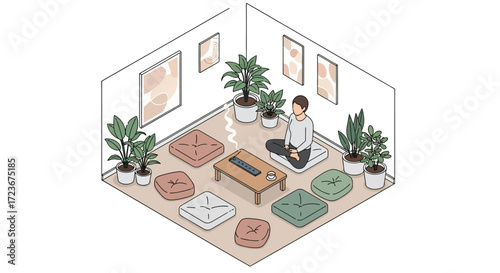 Isometric view of a Person meditating in a plant-filled room with cushions.