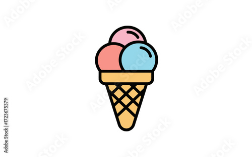 Colorful cartoon illustration of a three-scoop ice cream cone with pink, red, and blue flavors on a white background.