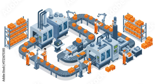 Isometric view of  an Automated factory assembly line with robotic arms and human workers.