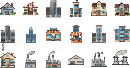 Collection of residential, commercial, and industrial buildings with varied architecture, roof styles, and structural features, vector illustration on white background