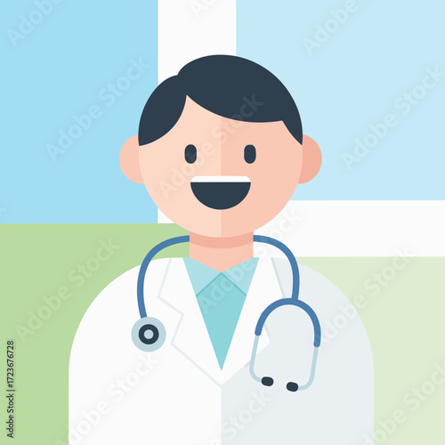 Friendly male doctor cartoon character with a stethoscope, representing professional medical advice, healthcare services, and clinical support