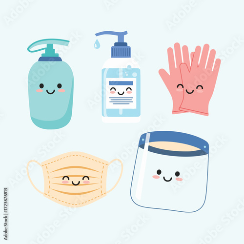 Cute collection of hygiene and safety items, featuring hand sanitizer, face mask, face shield, gloves and soap dispenser with smiling faces