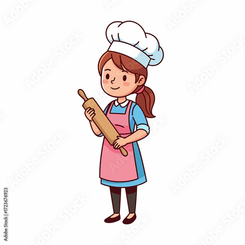 Cartoon Baker Girl Holding Rolling Pin with Pink Apron and Chef Hat.