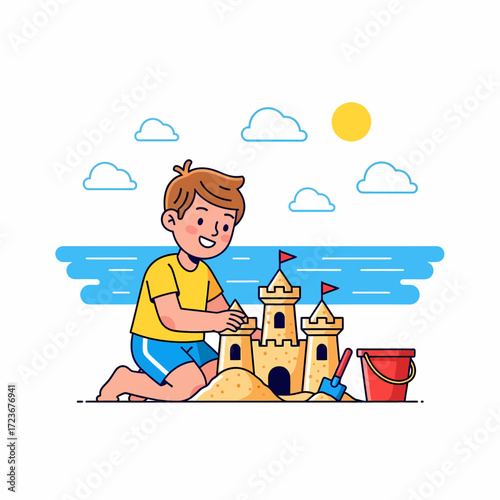 Cartoon Boy Building a Detailed Sandcastle with Bucket and Shovel on the Beach.