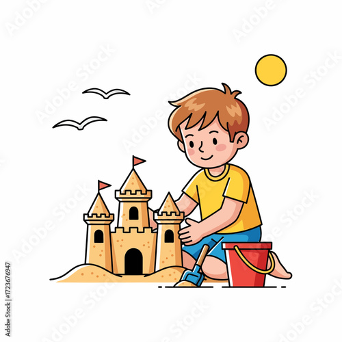 Cartoon Boy Building a Sandcastle with Bucket and Shovel on the Beach.