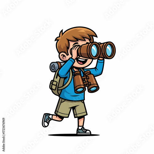 Cartoon Boy Explorer with Backpack and Binoculars Looking Upward with Joy.