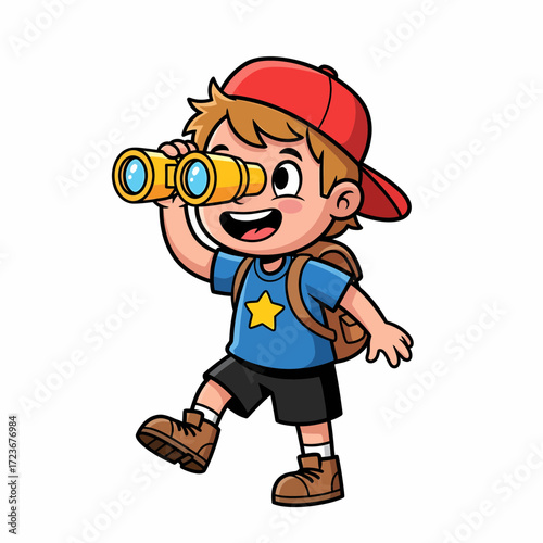 Cartoon Boy Explorer with Binoculars Red Cap Backpack and Star Shirt.