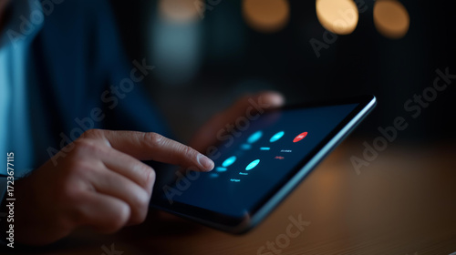 Wallpaper Mural A marketer uses a tablet with NPS icons for customer satisfaction, hyper-realistic visuals of loyalty metrics with vivid details, moody shadows on a screen, bright saturation in fe Torontodigital.ca