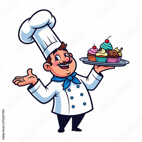 Cartoon Chef with Cupcakes on Silver Tray Smiling and Presenting.
