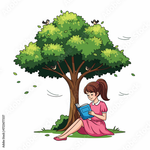 Cartoon girl in pink dress reading a book under a tree with birds.