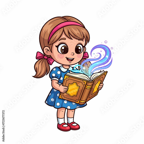 Cartoon Girl Reading a Magical Book with Glowing Blue Energy.